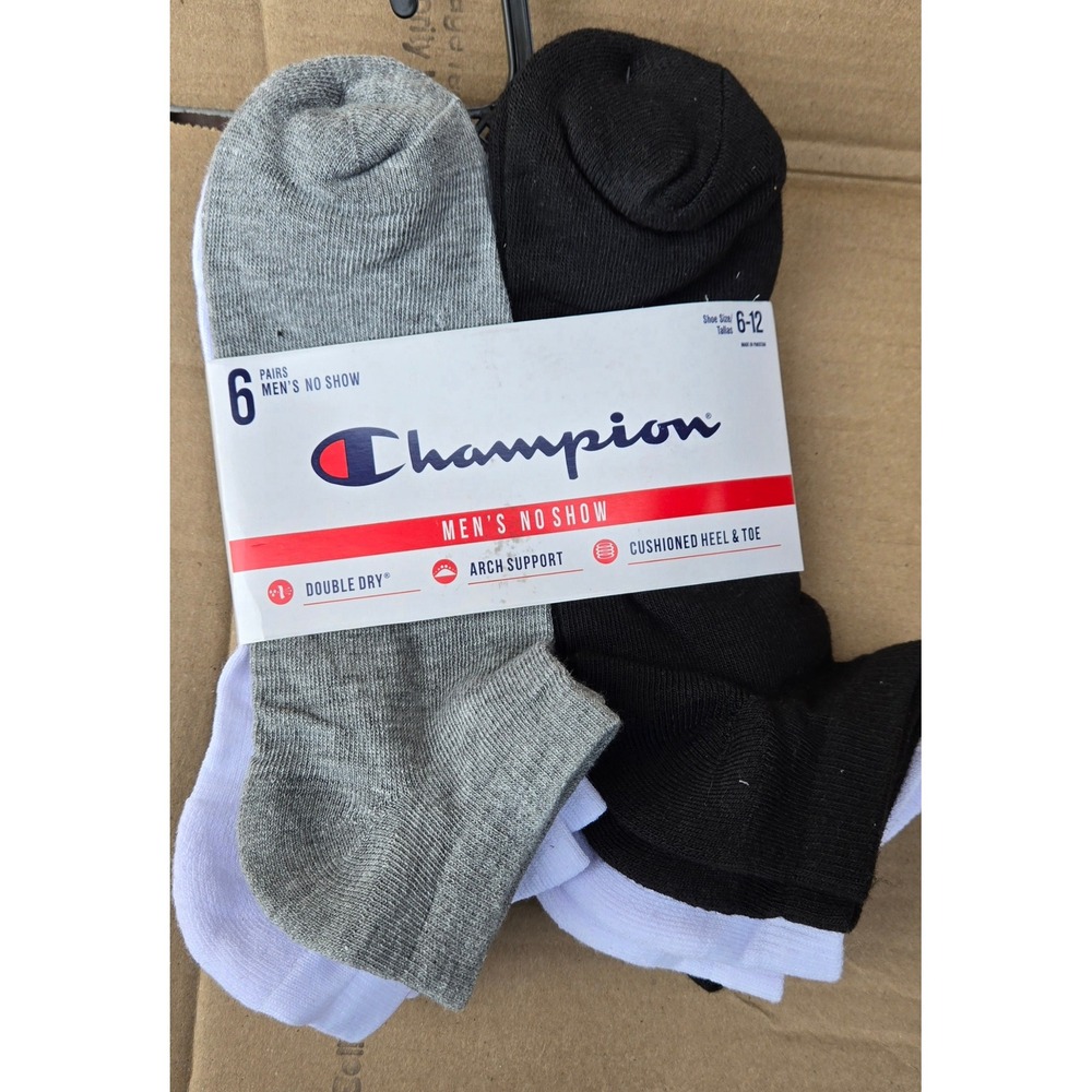 Champion Mens No Show Socks 6 Pair Pack Double Dry Arch Support Shoe Size 6-12